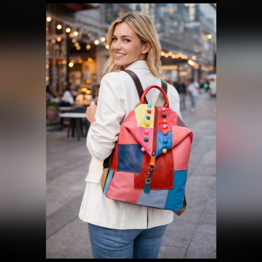 Boho Multicolor Patchwork Leather Backpack | Colorful Festival Cottagecore Y2K